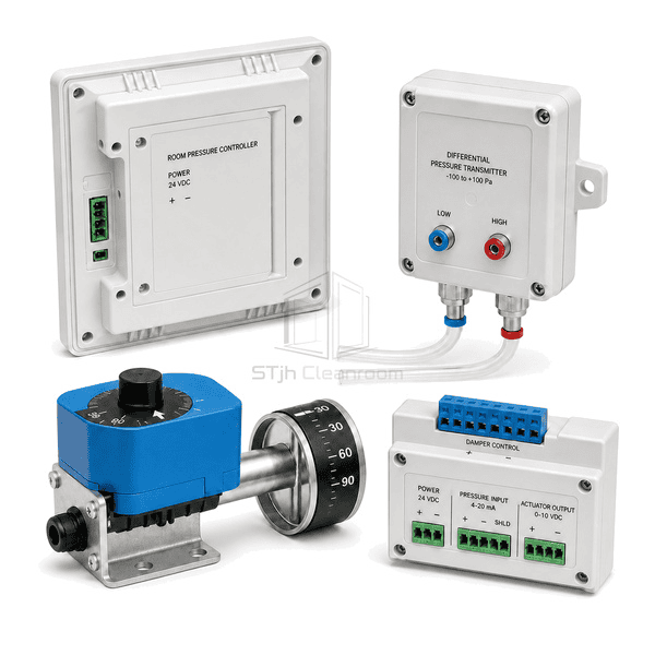 Rear three-quarter view of the entire room pressure controller with high-low pneumatic ports and removable damper-control terminal clearly exposed