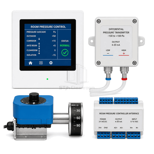 Front view of cleanroom pressure controller showing live room status