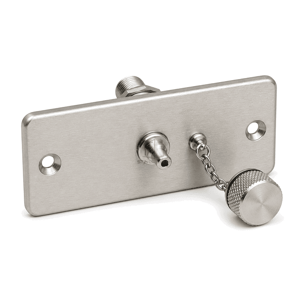 Complete horizontal room pressure test port with stainless wall plate, nipple and chained sealing cap