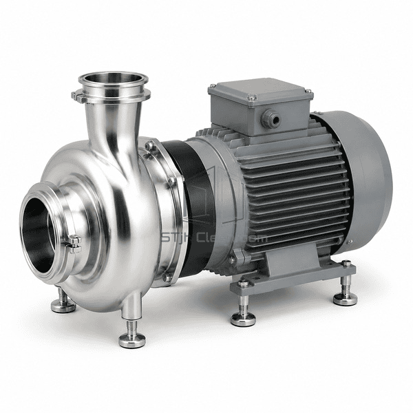 Sanitary centrifugal pump side view showing motor and seal area