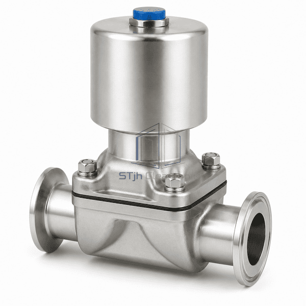 Sanitary diaphragm valve side view showing stainless actuator