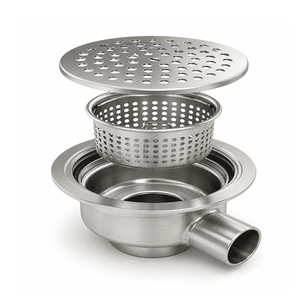 Complete sanitary floor drain showing the removable basket and seal interface