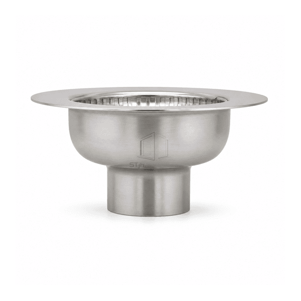Side profile of the sanitary floor drain showing the formed bowl and outlet