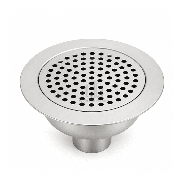 Front top view of the sanitary floor drain showing its removable hygienic grate