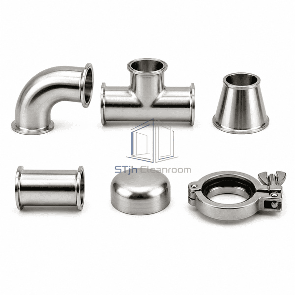 Sanitary pipe fittings horizontal lineup of six weld and clamp connection types