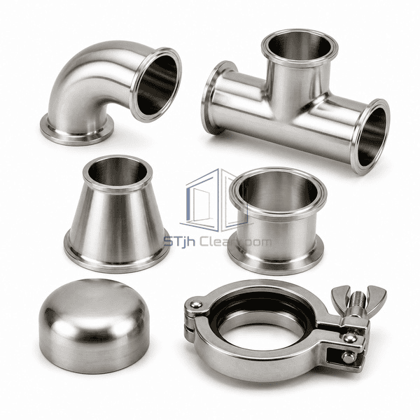 Sanitary pipe fittings side view of elbow tee reducer and connection geometry