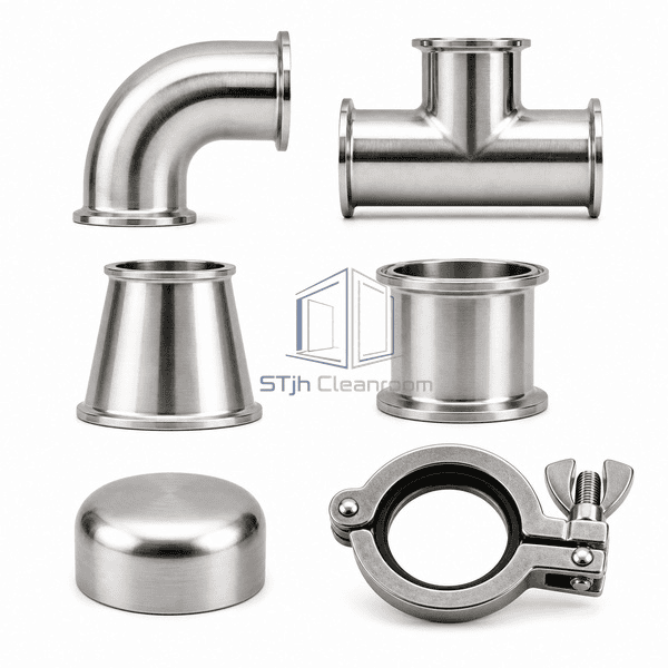 Sanitary pipe fittings front arrangement showing six distinct polished components