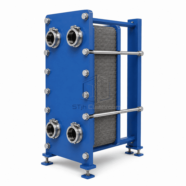 Sanitary plate heat exchanger side view of compressed corrugated plate pack