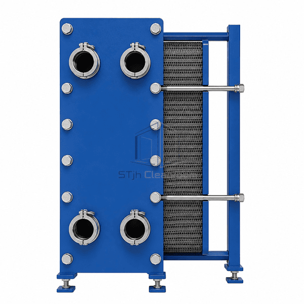Sanitary plate heat exchanger front view showing four hygienic ports