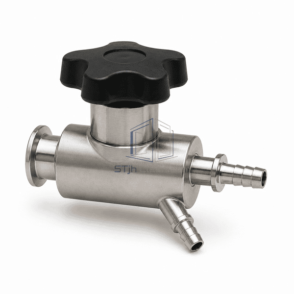 Sanitary sampling valve horizontal view with weld-in process connection