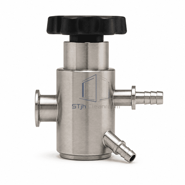 Sanitary sampling valve upright front view showing twin outlets