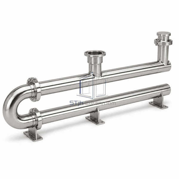 Sanitary stainless steel piping side view of joined return bend and tube supports