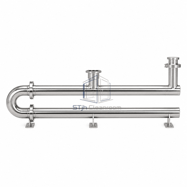 Sanitary stainless steel piping front view showing tee branch and clamp ferrules
