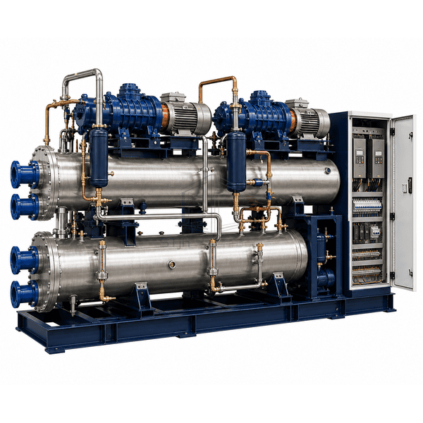 Cutaway showing twin-rotor screw compressor evaporator and condenser