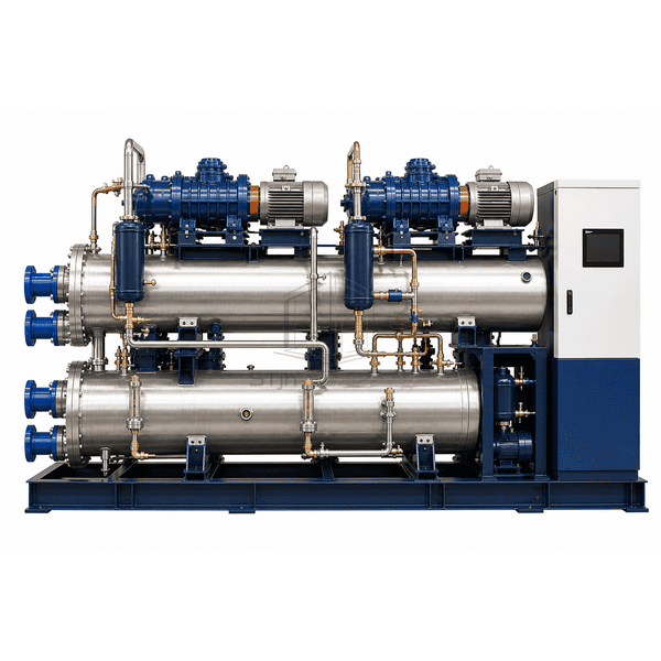 Front control and compressor view of screw chiller