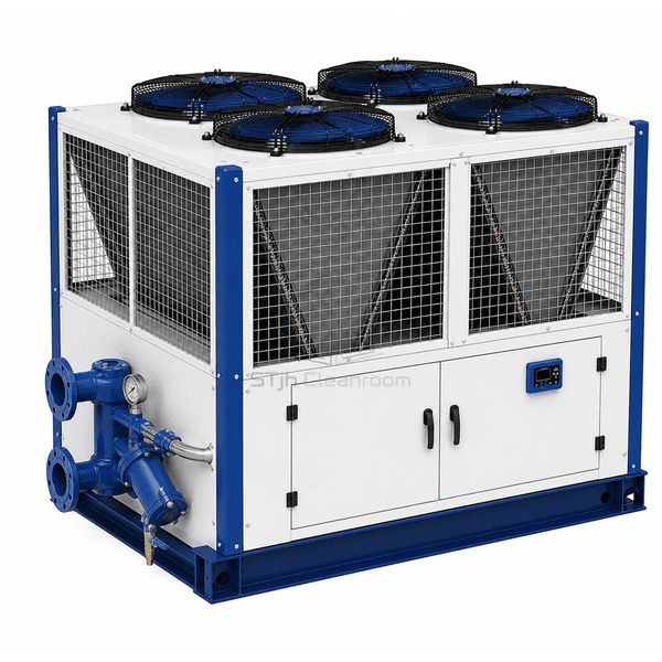 Close view of hermetic scroll compressor and brazed-plate evaporator