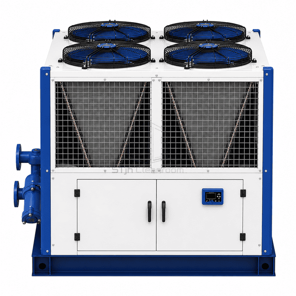 Front view of multiple scroll compressors and chiller controller