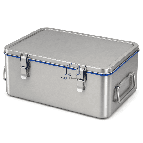 Closed cleanroom container in elevated front-right view showing gasketed lid