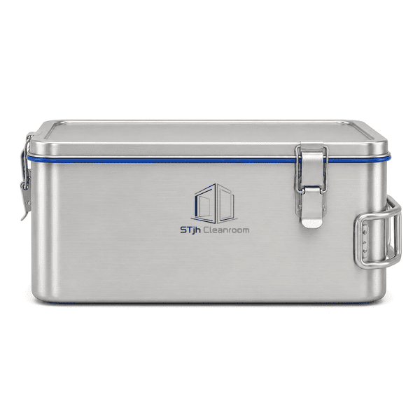 Cleanroom container side elevation showing folding handle and side clamp