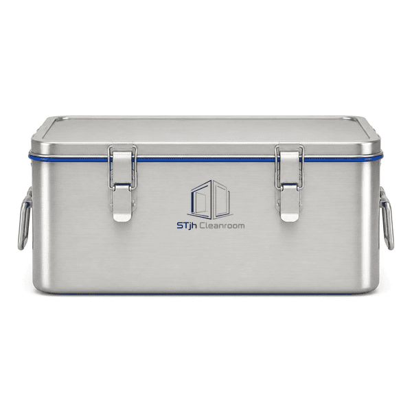 Sealed stainless cleanroom container front view showing two lid clamps