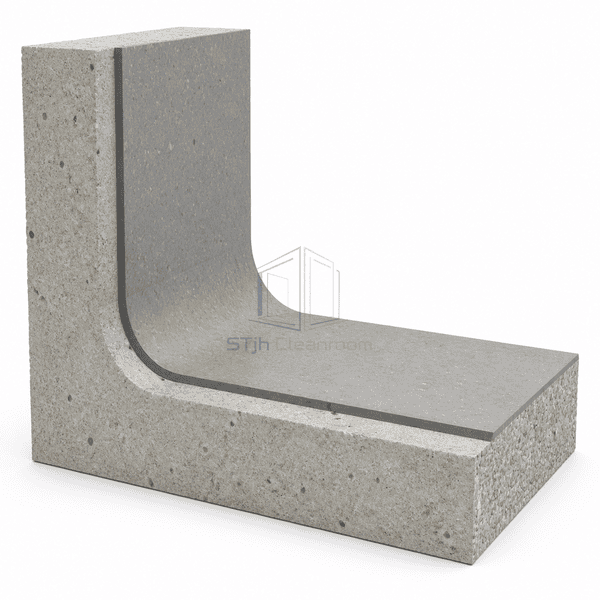 Layered cutaway of a grey epoxy cove base bonded to concrete floor and wall