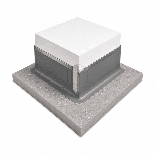 Grey seamless epoxy cove base wrapped around an equipment plinth with metal termination