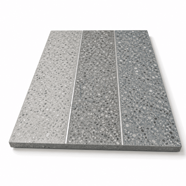 Three epoxy terrazzo flooring fields assembled with flush metal divider strips