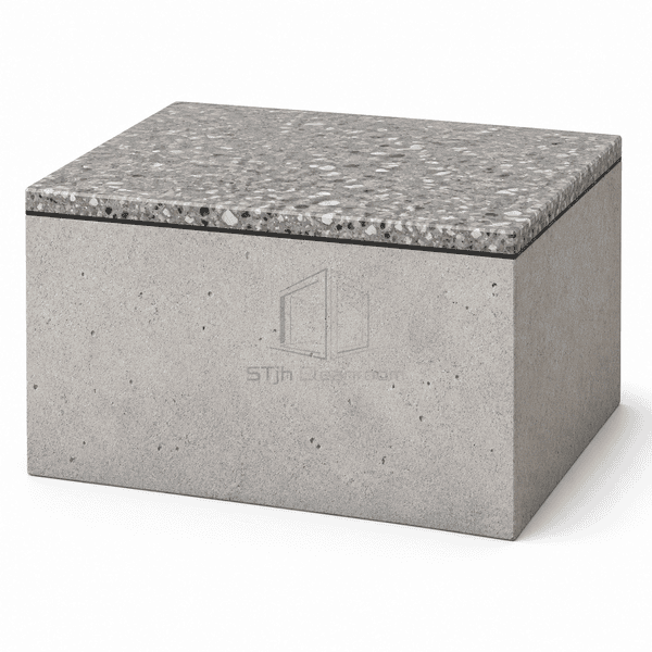 Layered cutaway of epoxy terrazzo flooring showing aggregate wear layer primer and concrete