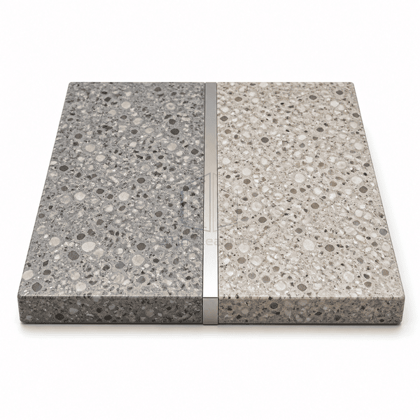 Epoxy terrazzo color-boundary sample with a flush metal divider strip