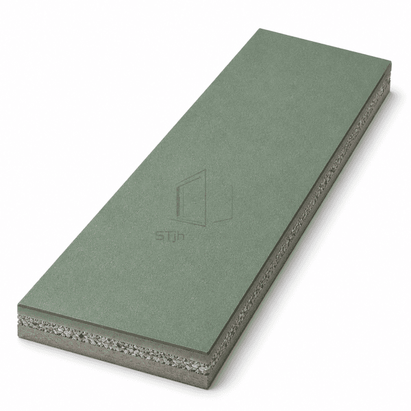 Long green seamless resin flooring sample showing the textured finish and layered substrate