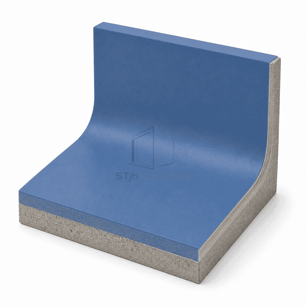 Integral blue resin floor cove sample showing a seamless floor-to-wall transition
