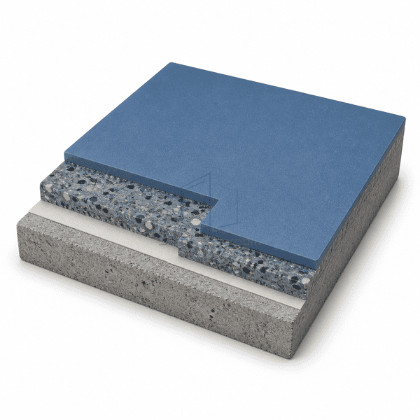 Stepped cutaway of blue seamless resin flooring showing the wear layer and concrete substrate