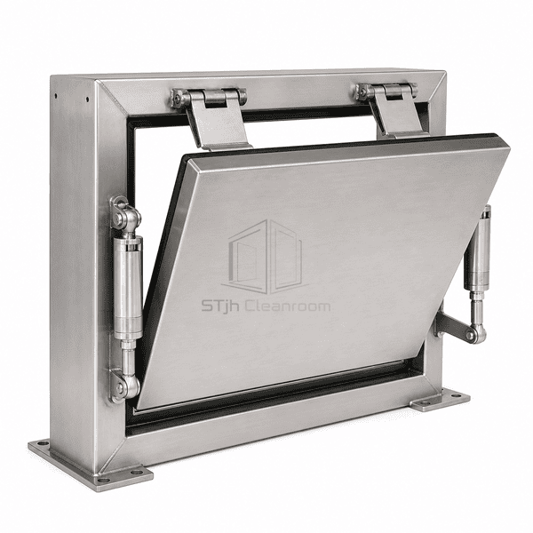 Self-reclosing explosion venting door side view showing hinge and air cushion