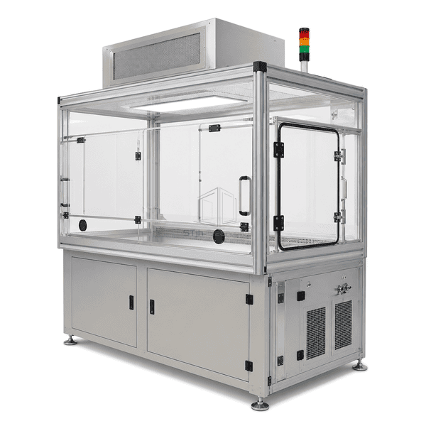 Semiconductor mini-environment showing side enclosure depth and access panel