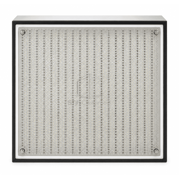 Straight downstream view of the separator HEPA filter with removable perforated screen edge potting gasket and retainers