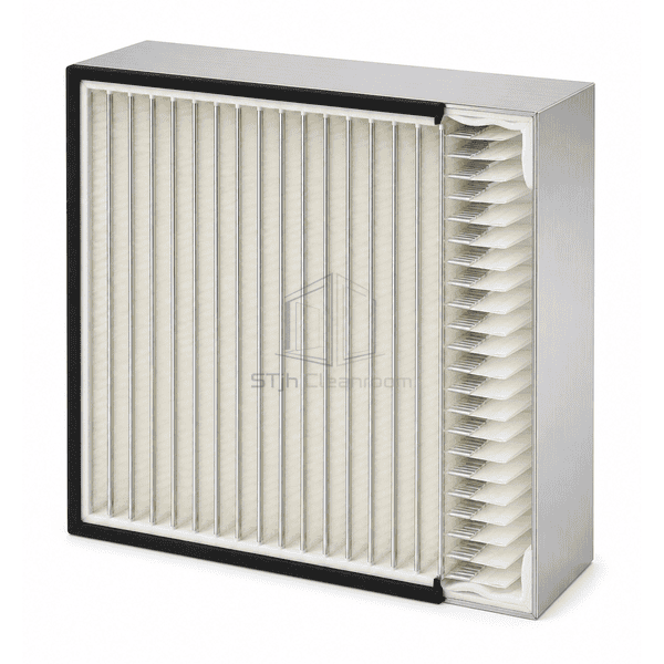 Side cutaway showing corrugated aluminum separators between HEPA pleats