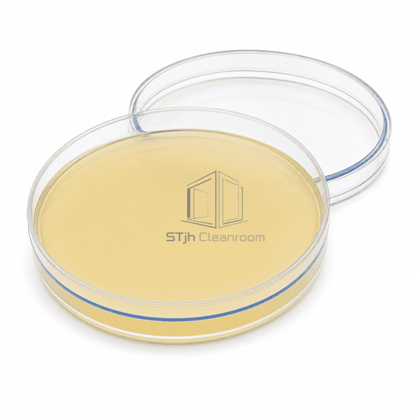 Open cleanroom settle plate with complete agar dish and clear lid placed behind