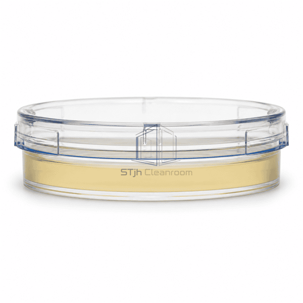 Side profile of closed settle plate showing high agar fill depth and locking tabs
