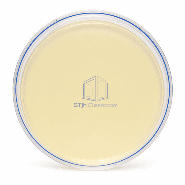 Top front view of sterile settle plate showing smooth full agar surface and blue identification rim