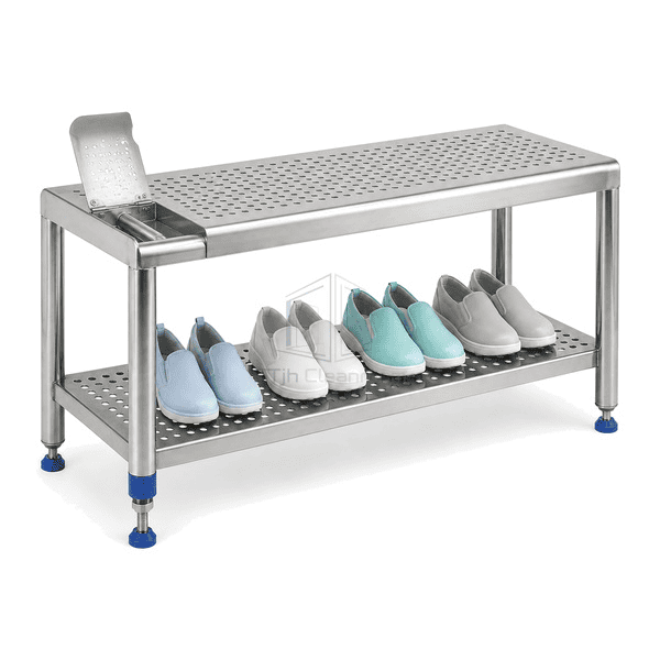 Shoe changing bench connection showing perforated seat fold welded frame and leveling foot