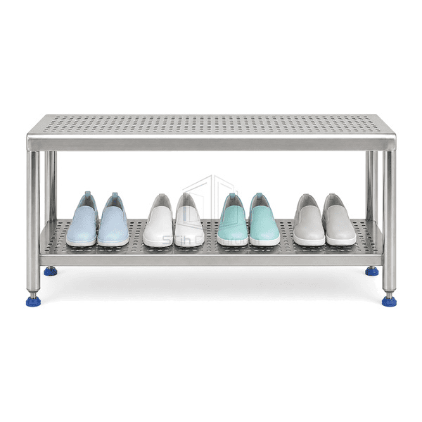 Front view of shoe changing bench seat shelf and leveling feet