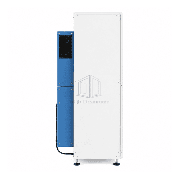 Complete lateral view of the side-discharge fan filter cabinet on adjustable feet