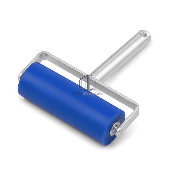 Reusable silicone tacky roller laid horizontally with complete handle visible