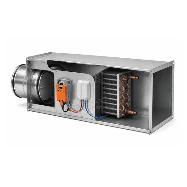 Side cutaway showing acoustic lining damper and hot-water reheat coil