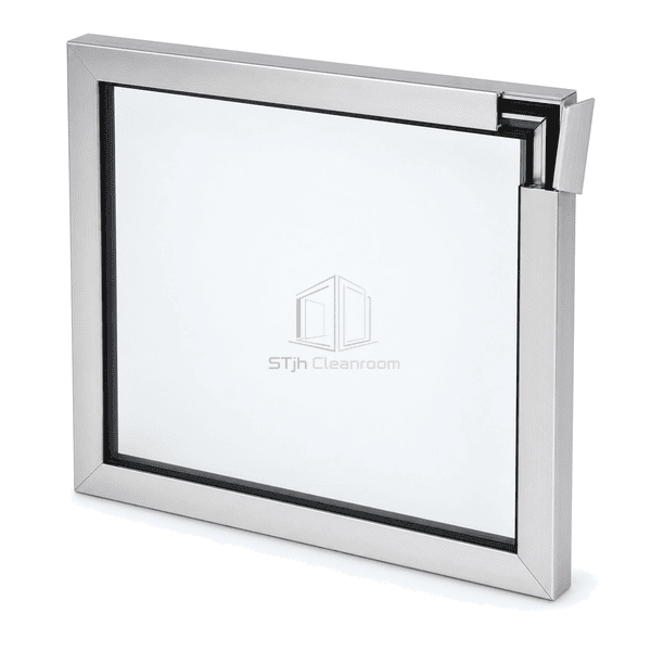 Close view of the sealed single-glass edge and hygienic frame reveal