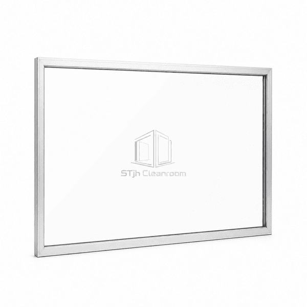 Wide single-glazed cleanroom wall module with clear silicone joints