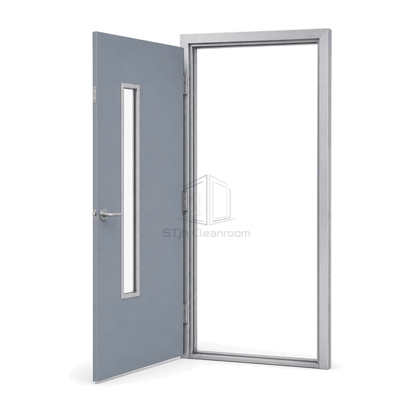 Open single-leaf cleanroom door showing complete swing clearance
