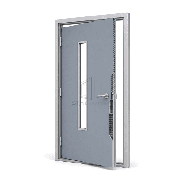 Side section showing the single insulated leaf and cleanroom frame