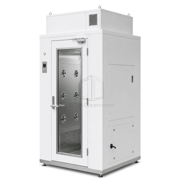 Service-side view of the single-person air shower showing the blower and filter compartment