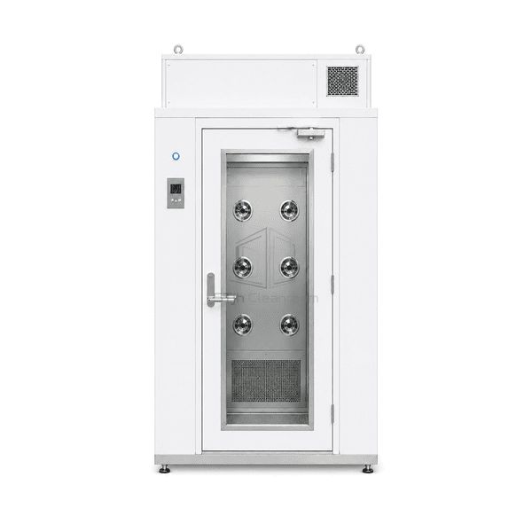 Front elevation of the single-person air shower with its glazed interlocked door